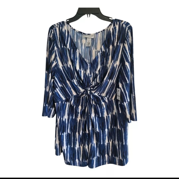 Catherines Tops - Catherines Tunic Top Womens 1X Blue 3/4 Sleeve Casual Basic Stretchy V-Neck